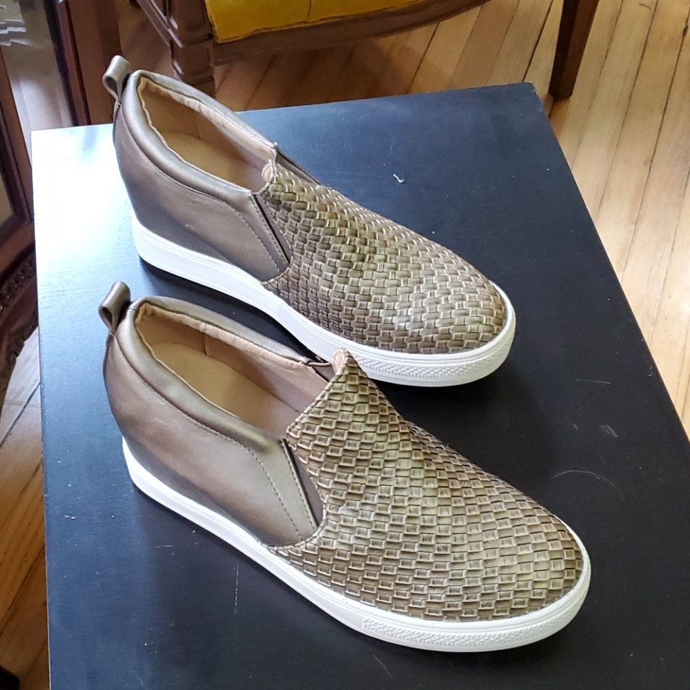 Gold platform wedge slip on shoes